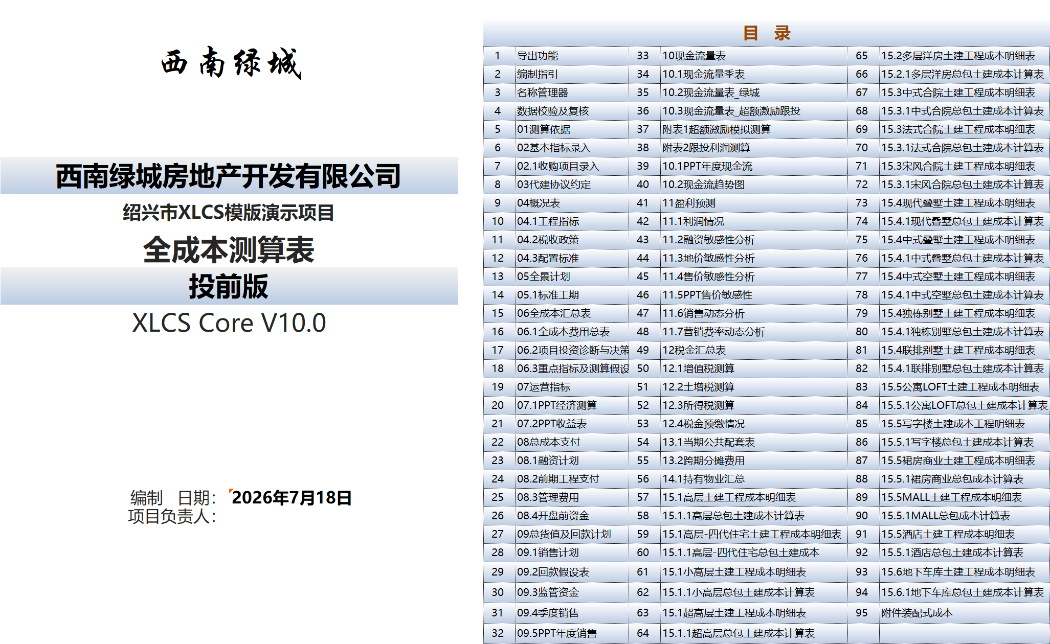 XLCS Core 西绿项目全成本测算Core版目录